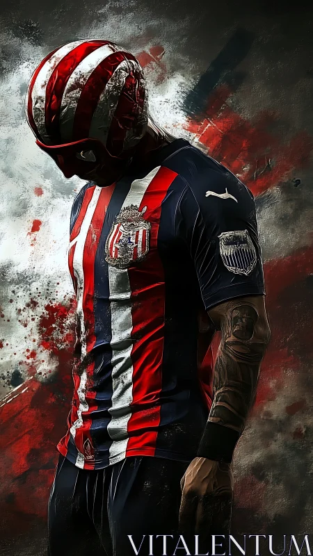 Brooding masked football warrior in bold striped armor art.