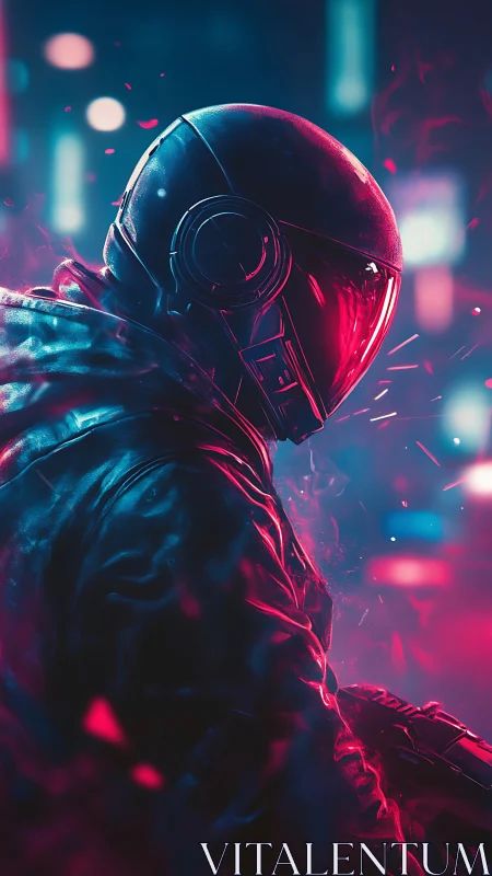 Neon armored rider cuts silhouette through cyber haze.