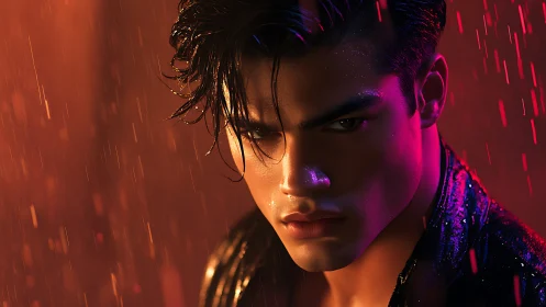 Male portrait under colored rain lighting demonstrates contrasts