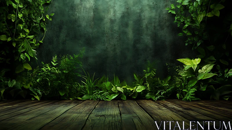 Wooden floor foreground meets dense green foliage backdrop
