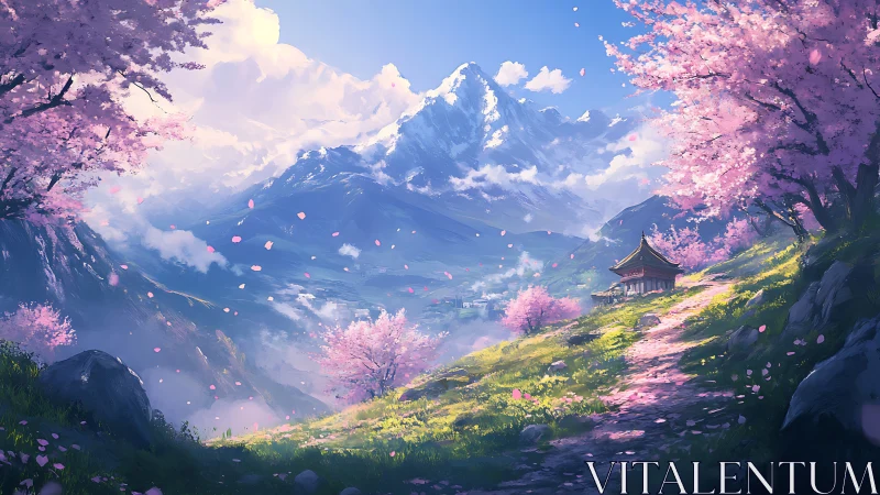 Cherry blossoms frame tranquil temple beneath snowy peak
