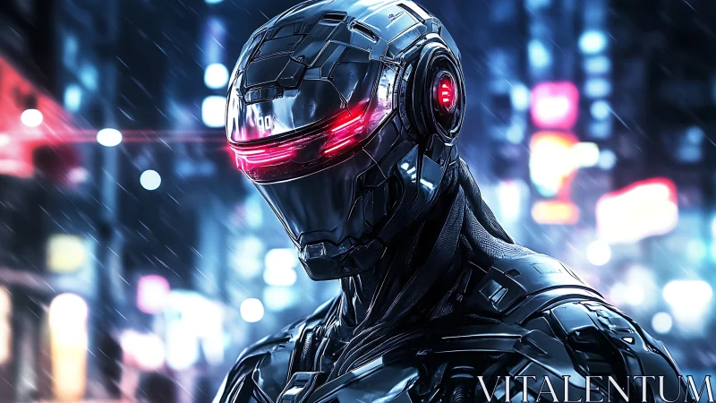Neon city cyborg guardian under shimmering rainlight.