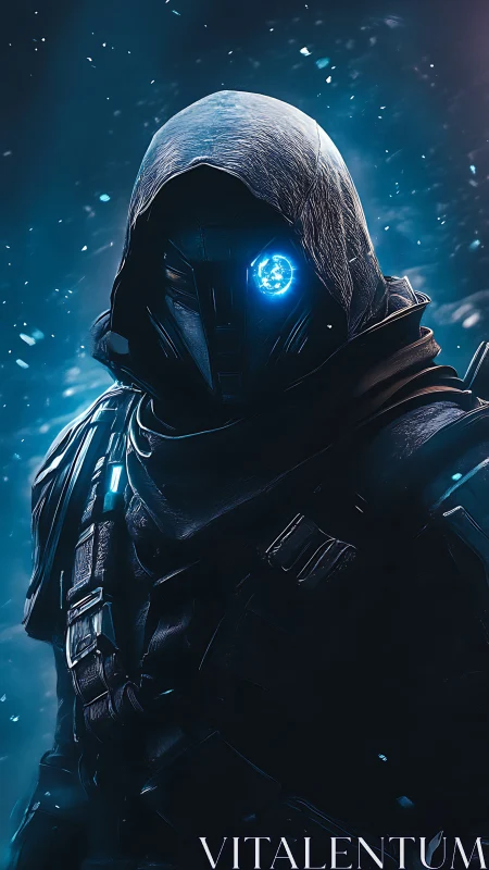 Hooded cybernetic soldier stands in blue frozen haze