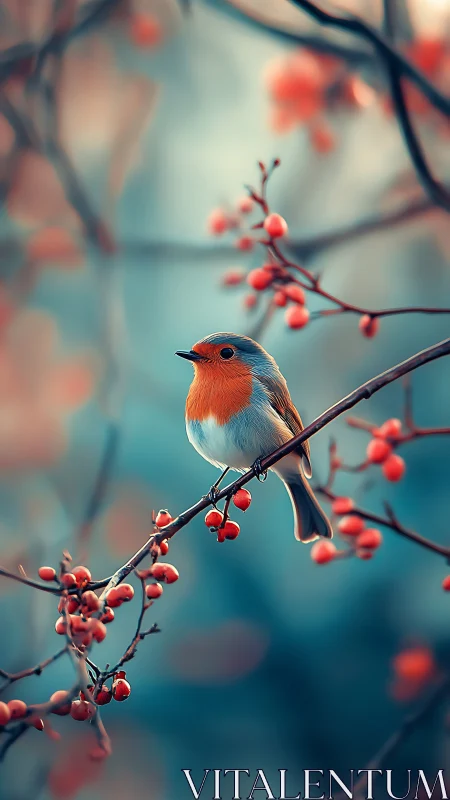 Songbird perches amid coral berries and teal bokeh glow.