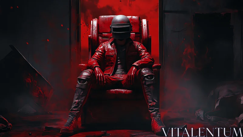 Helmeted warrior sits on blood red throne in dark room