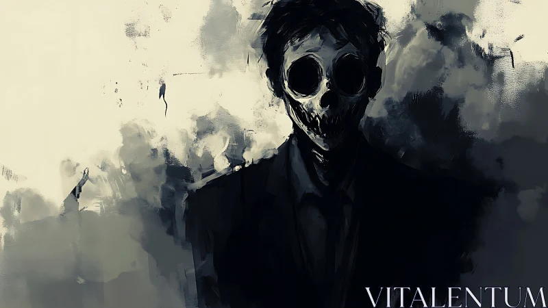 Monochrome skeletal figure in suit framed by diffuse smoky abstraction