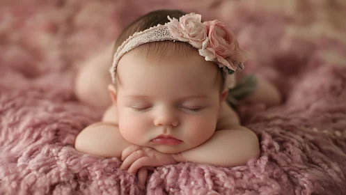 Newborn Portrait: Sleeping Infant with Ivory Headband and Blush Roses