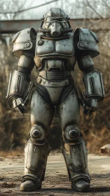 Armored combat exosuit stands in rusted industrial yard.
