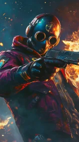 Flame-lit masked gunner strides through neon ash and embers.