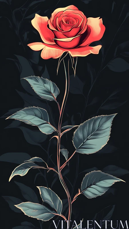 Red Rose with Teal Leaves on Dark Background.