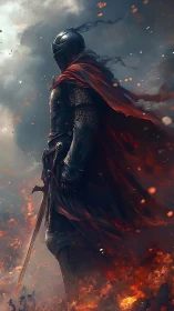 Armored knight in crimson cloak stands amid embers and smoke