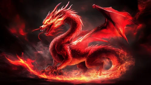 Blazing crimson dragon coiled in infernal firestorm.