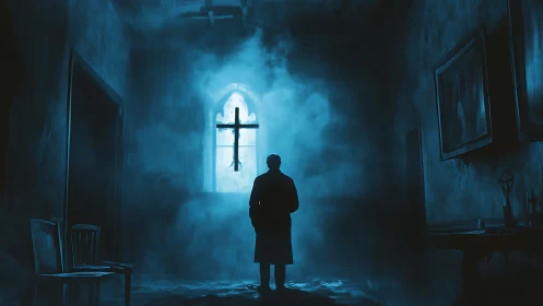 Silhouetted priest confronts luminous cross in smoky chapel
