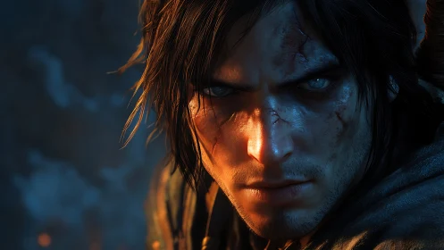Scarred fantasy warrior close-up under dramatic lighting.