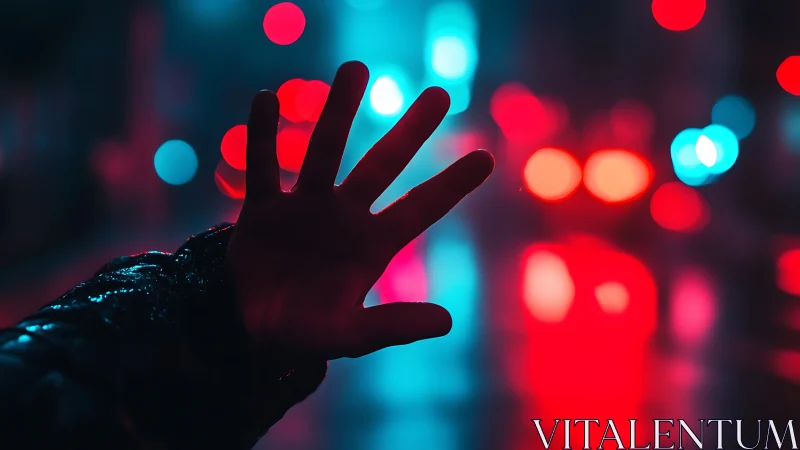 Outstretched hand reaches into glowing neon city lights