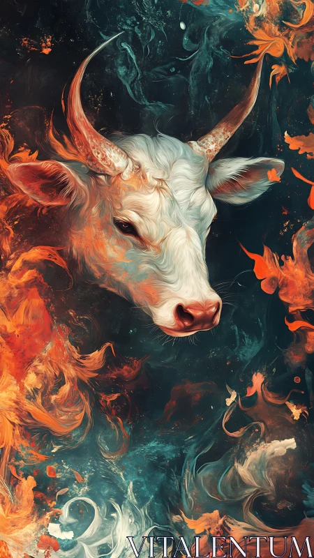 Fiery celestial bull head emerges through swirling cosmic flames