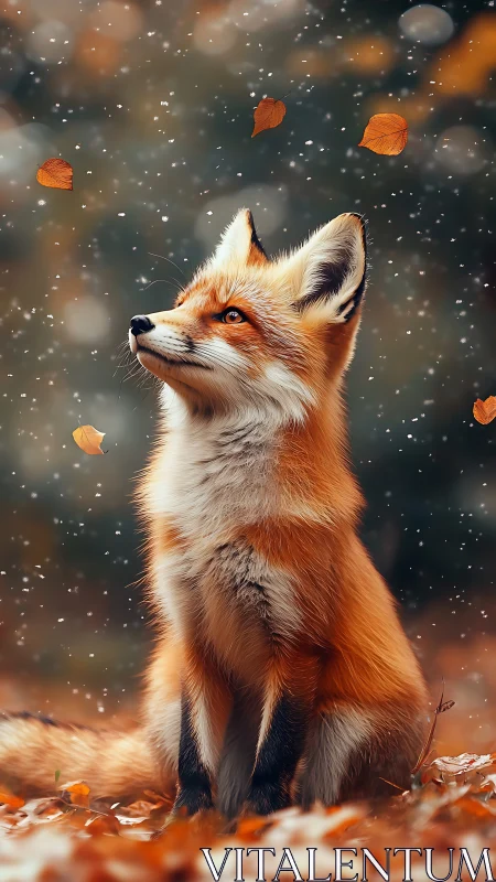 High-detail red fox portrait in shallow-depth autumn snowfall