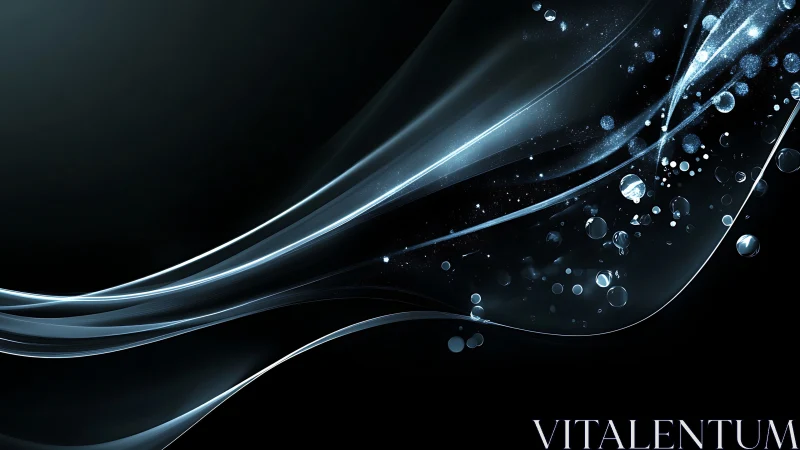 Curved luminous waveforms intersect with suspended glass-like particles