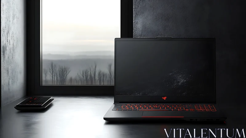 Laptop with red backlit keyboard sits on dark reflective desk