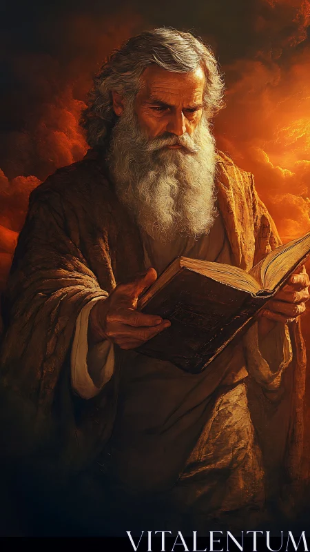 Elderly sage studies ancient tome in fiery golden light.