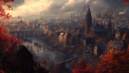 Autumn river cityscape with neo gothic cathedral and stone bridge
