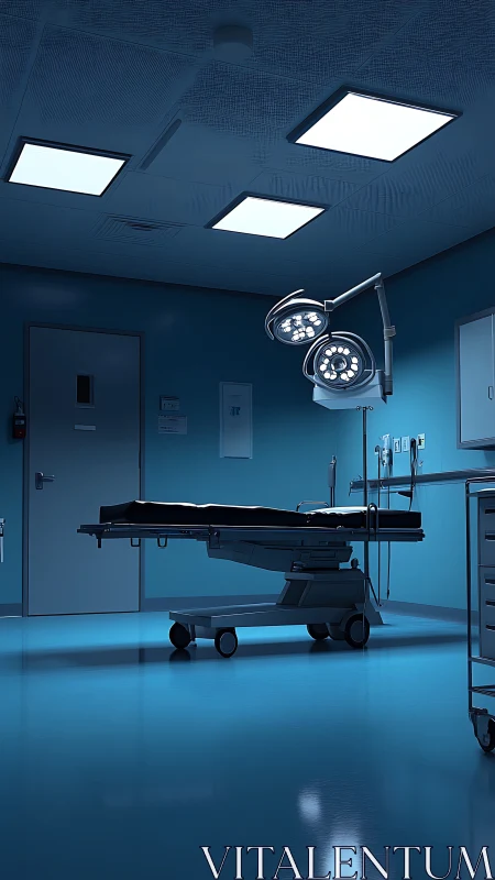 Modern surgical operating room with empty procedure table.