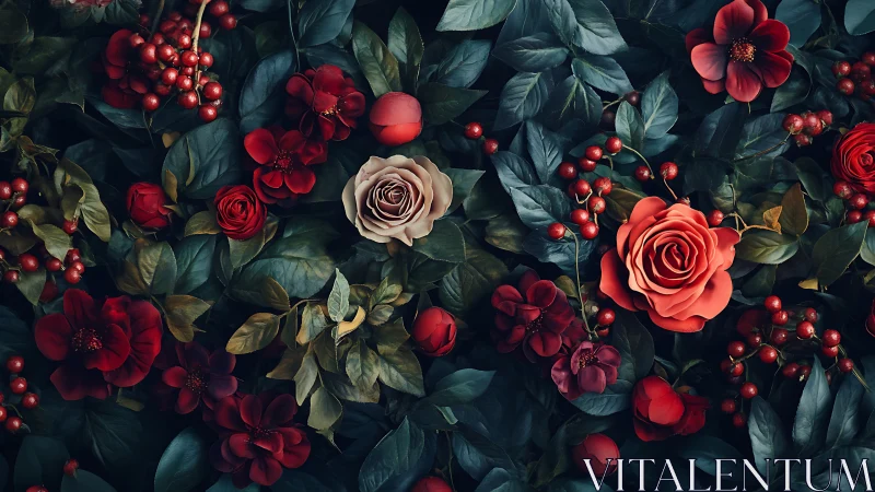 Moody Floral Composition: Deep Red Roses Surrounding Neutral Bloom Center