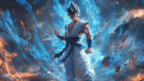 Blue haired anime warrior in energy field with debris.