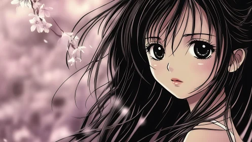 Anime girl gazes sideways beside soft pink blossoms