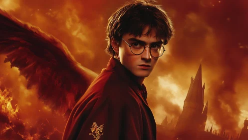 Winged boy in red cloak stares over burning castle ruins