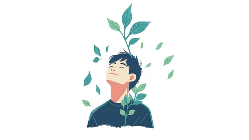 Mindful youth grows with nature in serene illustration.