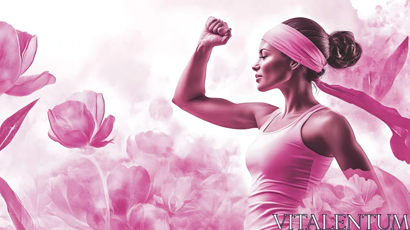 Confident woman flexing arm in pink floral digital art portrait.
