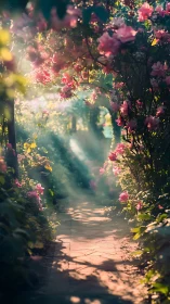 Sunlit rose tunnel where petals and daydreams gently meet.