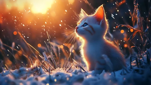 White cat in snowy twilight with golden bokeh light.