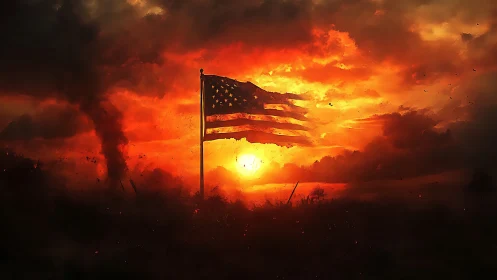United States flag against burning red sunset sky.