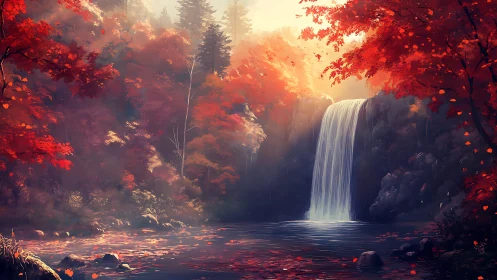 Autumn Waterfall in Golden Mist Forest Landscape