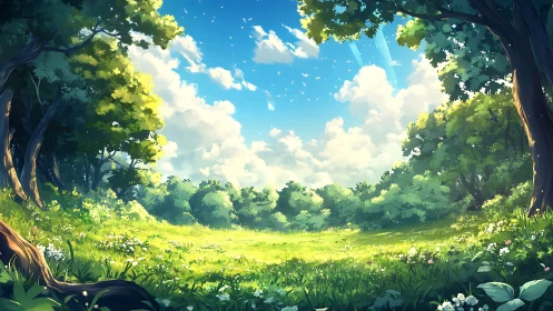 Luminescent Forest Clearing with Atmospheric Perspective and Volumetric Sky