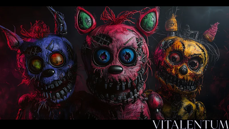 Grotesque tricolor animatronic trio in horror close-up portrait.