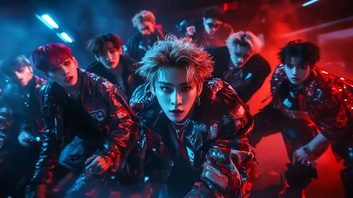 Cyberpunk dance crew advances in neon red-blue haze