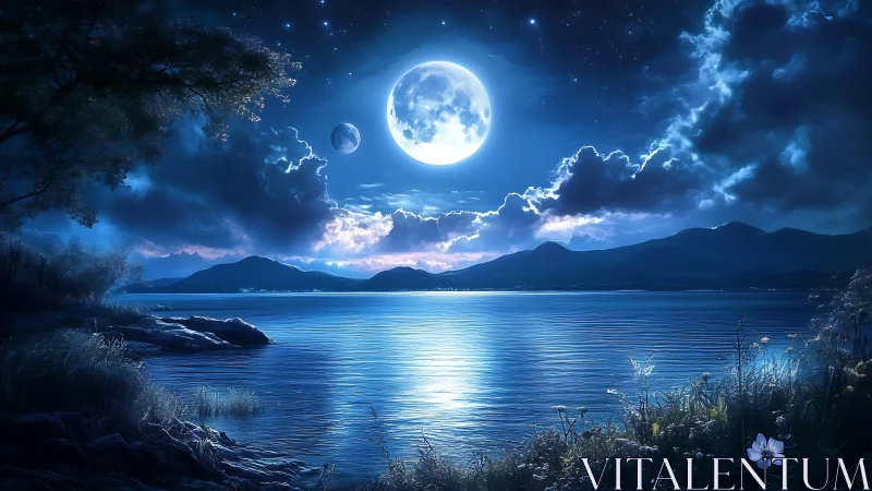 Luminous twin-moon lakeshore under deep nocturnal sky panorama.