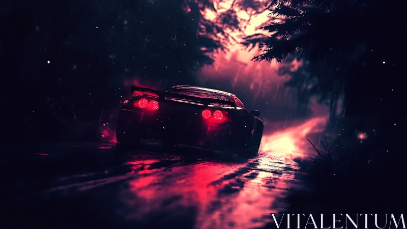Neon drenched night drive with a sleek sports car in rain.