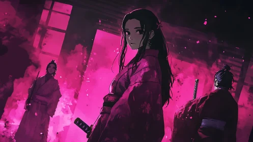 Samurai woman in neon magenta haze defines dramatic anime tableau