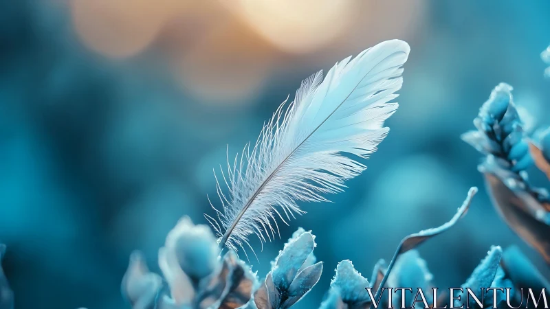 Soft white feather suspended in dreamy blue bokeh light.