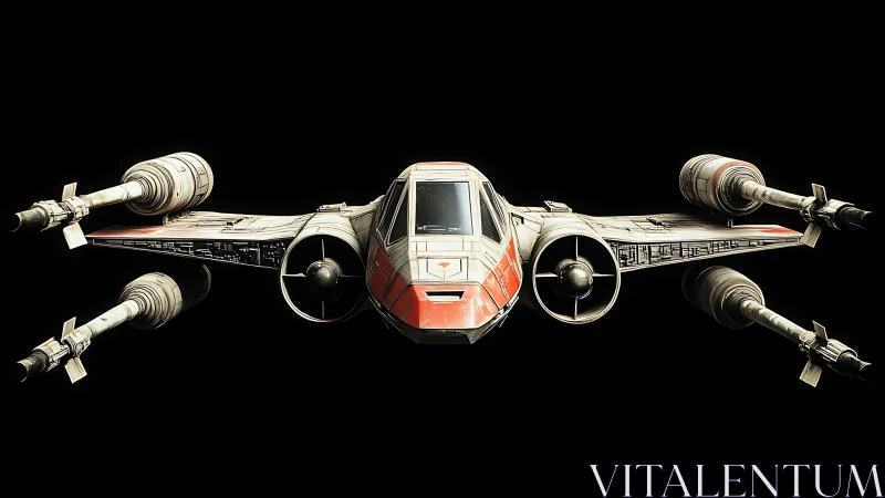 Sleek starfighter glides forward against a deep black void