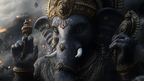 Divine elephant deity rendered in ornate cinematic chiaroscuro.