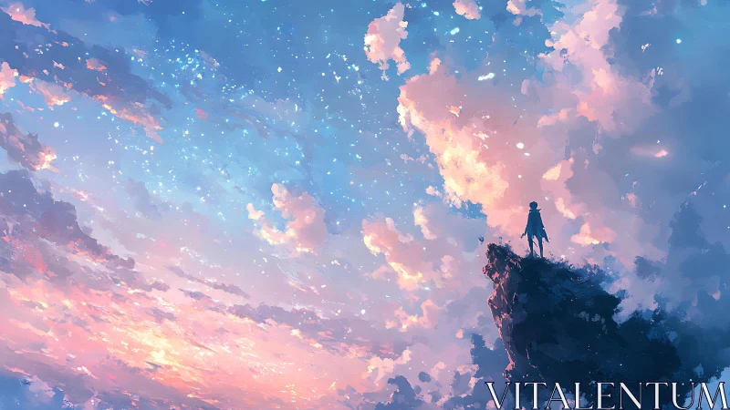 Digital painting of lone figure on cliff under luminous sky.