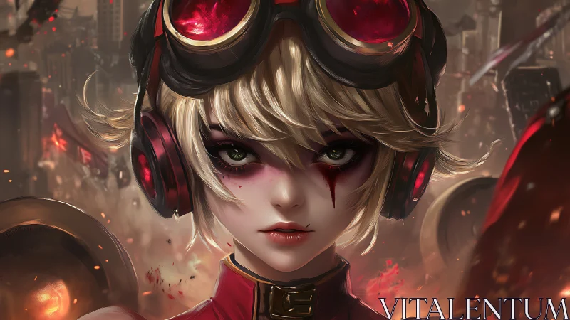 Battle ready girl with red goggles in burning cityscape