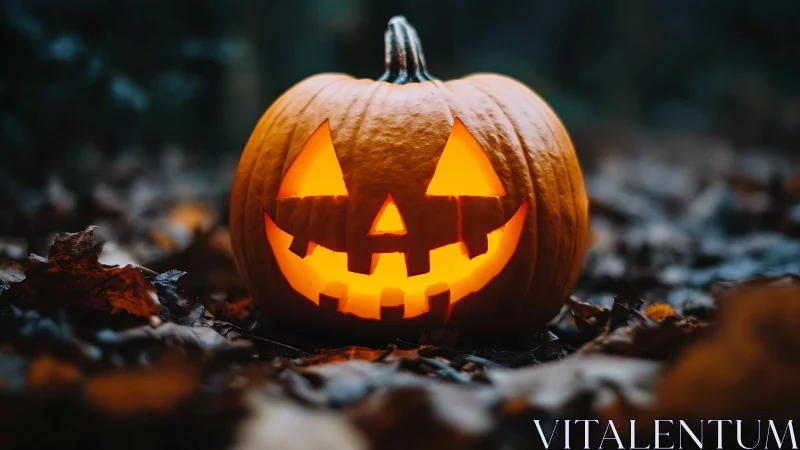 Carved jack o lantern on forest floor with internal candle glow.