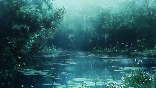 Ethereal Wetland Ecosystem: Luminescent Aquatic Environment with Atmospheric Depth.