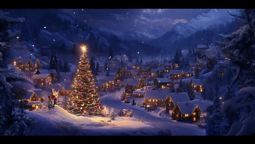 Snowlit village circling a storybook Christmas colossus tree.